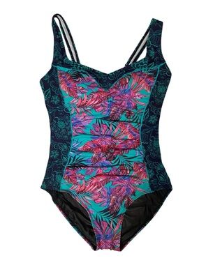 SUNDANCE Navy Tropical Kailani Ruched One Piece Swimsuit Sz L